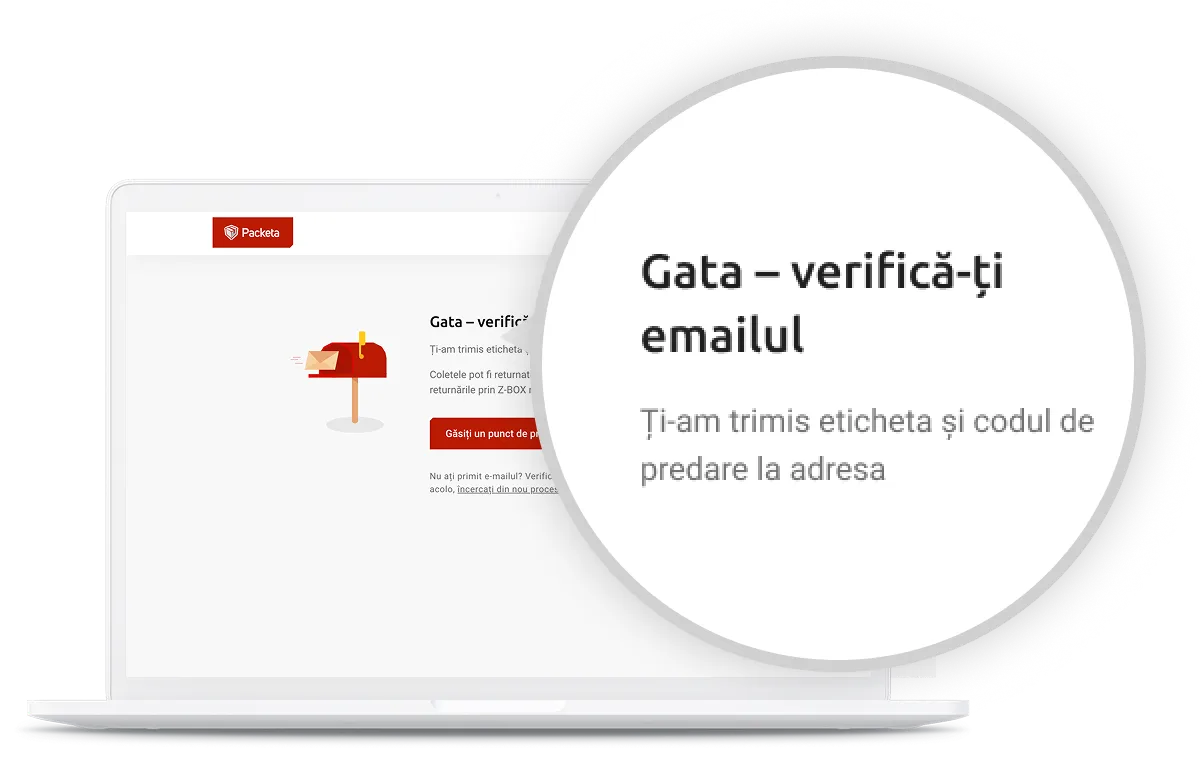Ecran de laptop care afișează un mesaj de verificare a adresei de e-mail în limba română, cu o suprapunere circulară mărită care evidențiază textul.