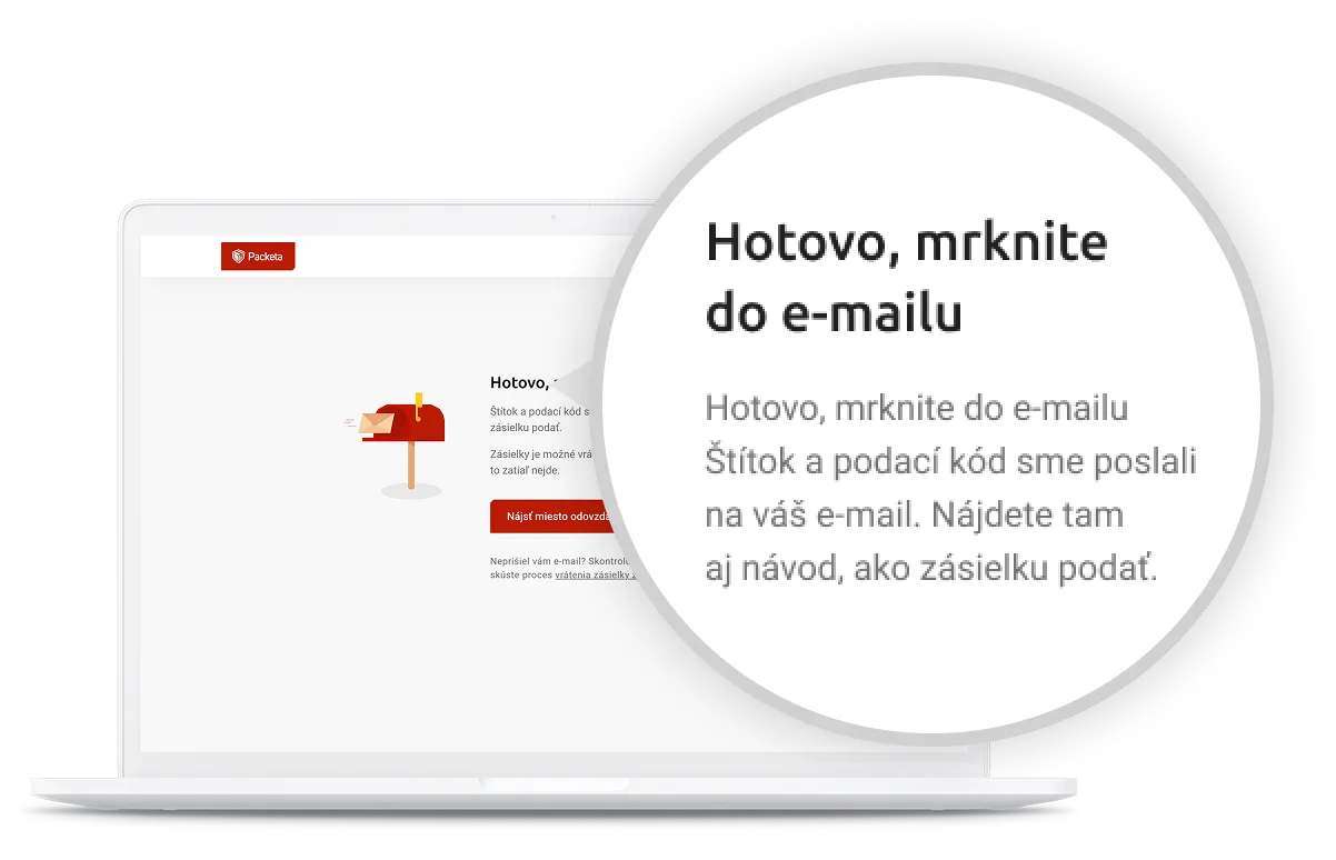 Obrazovka notebooku zobrazujúca webovú stránku s ikonou červenej poštovej schránky. Zvýraznený text inštruuje používateľa, aby skontroloval e-mail kvôli kódu a návodu na podanie zásielky.