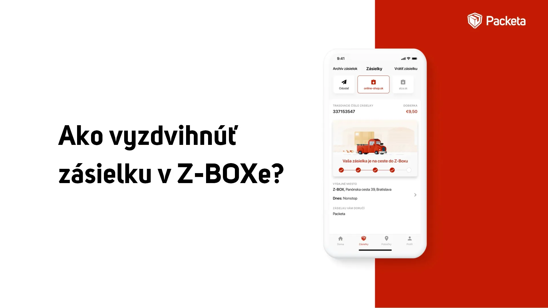 Smartphone screen showing a delivery app interface next to text in Slovak about picking up a package from a Z-BOX. Packeta logo in the corner.