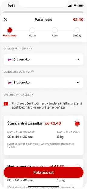Shipping app interface in Slovak, showing parameters for sending a package from Slovakia to Slovakia. Options include package size and weight.
