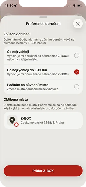 screen aplikace Zásilkovna preference doručení