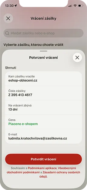 Screenshot of a parcel return confirmation screen in Czech. It includes details like the return address, parcel number, remaining return days, and email.