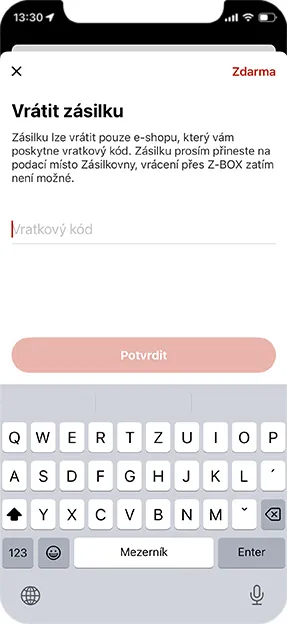 screen aplikace Zásilkovna vrácení zásilky