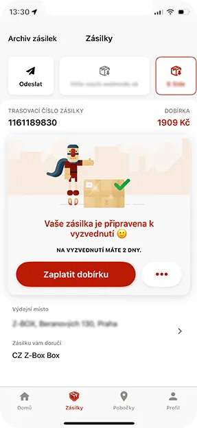 screen aplikace Zásilkovna platba dobírky