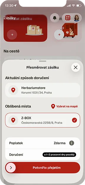 screen aplikace Zásilkovna přesměrování zásilky