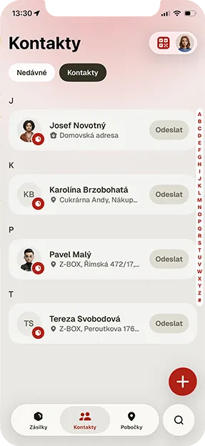 screen aplikace Zásilkovna kontakty