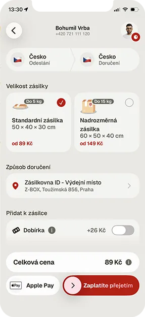 screen aplikace Zásilkovna odeslání zásilky