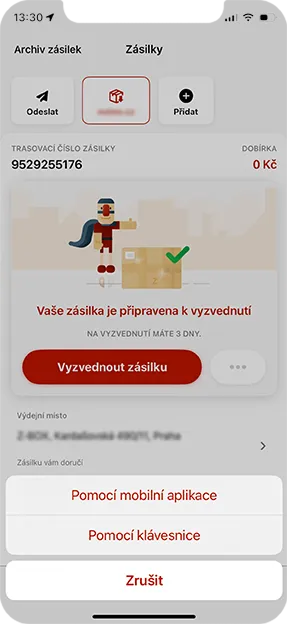 Obrazovka detailu zásilky v aplikaci Zásilkovna s informací, že zásilka je připravena k vyzvednutí.