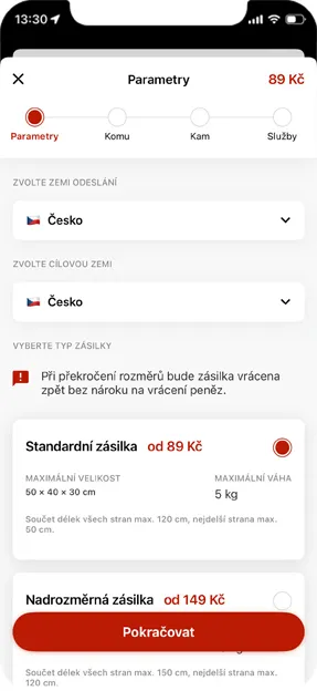 screen aplikace Zásilkovna odeslání zásilky