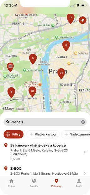 screen aplikace Zásilkovna mapa