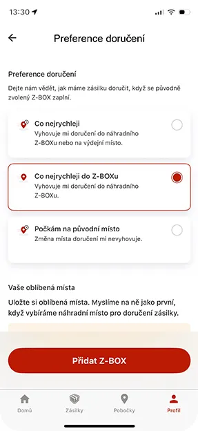 screen aplikace Zásilkovna preference doručení