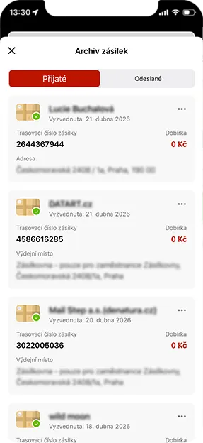 Mobilní aplikace Zásilkovna zobrazující seznam přijatých zásilek v archivu.