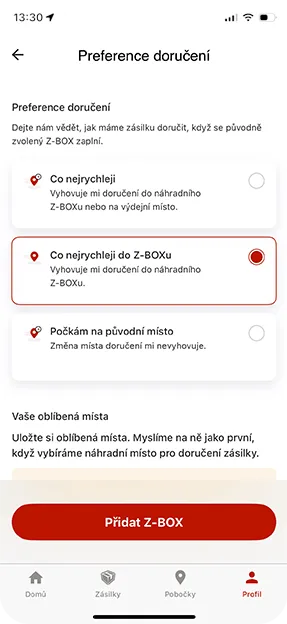 Mobilní aplikace Zásilkovna umožňující vybrat preferenci náhradního doručení zásilky.