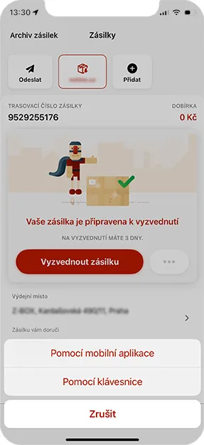screen aplikace Zásilkovna vyzvednutí zásilky