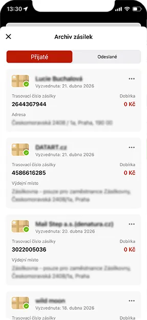 screen aplikace Zásilkovna přehled zásilek