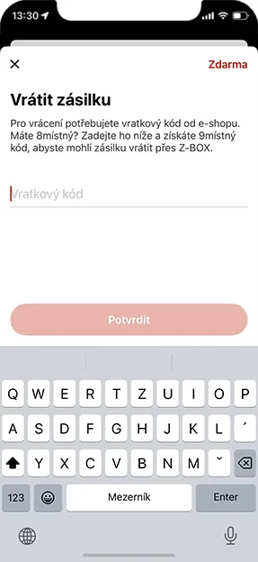 Obrazovka pro zadání šestimístného vratkového kódu pro vrácení zásilky přes Z-BOX v aplikaci Zásilkovna.