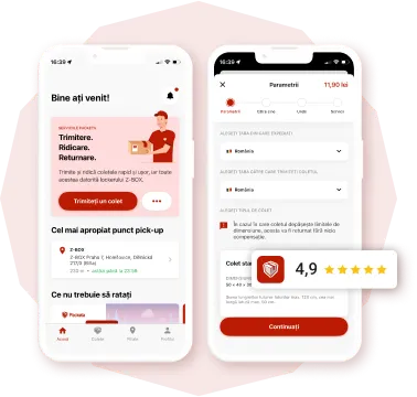 Two smartphone screens display a Romanian parcel service app interface with options for pickup and a highlighted 4.9-star rating.