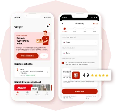 Two smartphone screens display a parcel delivery app interface, showing package options, location details, and user ratings.