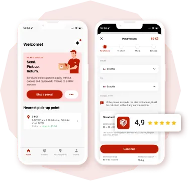 Two smartphone screens display a parcel shipping app interface with features like welcome message, nearest pick-up point, and a 4.9-star rating.