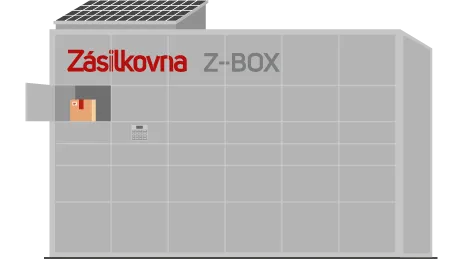 Illustration of a gray Zásilkovna Z-BOX parcel locker with a solar panel on top and one visible package in a compartment.