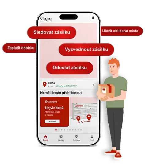 Smartphone app interface for parcel tracking, featuring buttons for tracking, pickup, and favorite locations. A person holds a package.