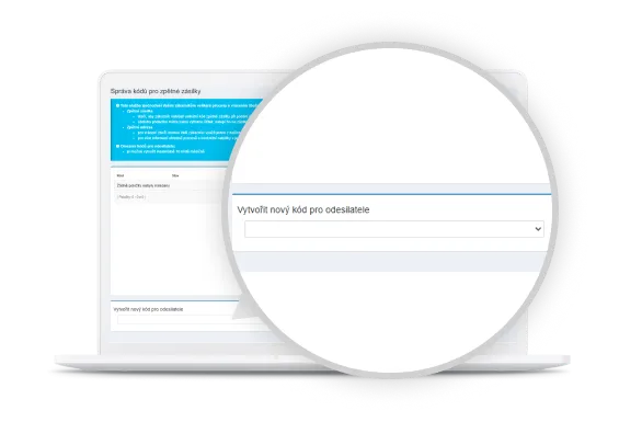 Laptop screen showing a webpage in Czech, focused on "Vytvořit nový kód pro odesílatele" in a magnified view.