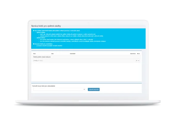 Laptop screen displaying a webpage with a blue header and white text for code management. Below, there's a form and dropdown menu.