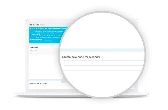 Laptop screen showing a "Create new code for a sender" form with a zoomed-in view of the input field.