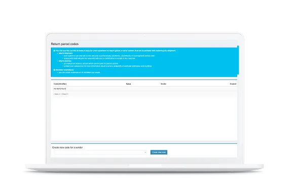 Laptop screen displaying the "Return Parcel Codes" interface, featuring options to create a new code and a list of existing codes.