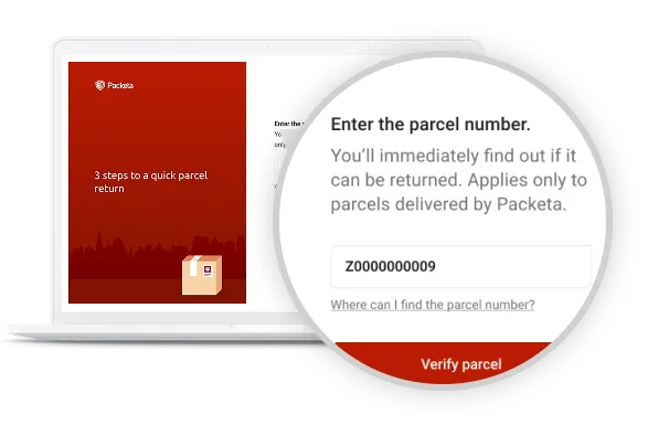 Laptop screen showing a parcel return service by Packeta with a parcel number input field and a "Verify parcel" button.