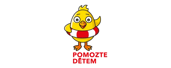 A cartoon yellow chick wearing a red and white life preserver with Czech text "POMOZTE DĚTEM" beneath it.