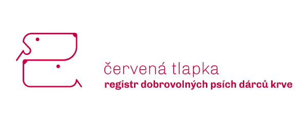 Logo featuring an outline of two dog tags and the text “červená tlapka, registr dobrovolných psích dárců krve” in red.