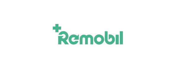 The image features a teal logo with a plus sign and stylized text reading "Remobil."