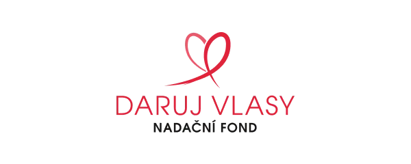 A logo featuring a stylized red heart ribbon above the text "DARUJ VLASY NADACNI FOND" in red and black lettering.