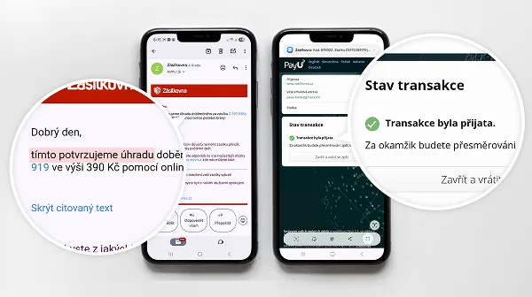 Dva smartphony zobrazující obrazovky s potvrzením transakce, s detailními výřezy zdůrazňujícími platební údaje a stav transakce.