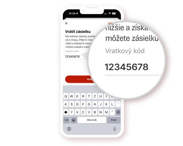 A smartphone screen displaying a return parcel code, "12345678," with a magnified view of the code section.