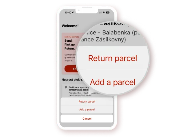 A smartphone screen displaying a parcel service app with options to "Return parcel" and "Add a parcel" highlighted.