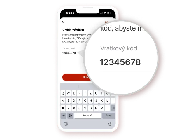 A mobile phone screen showing a return code entry form with a highlighted code "12345678".