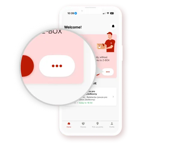 A smartphone displaying an app screen with a welcome message and icons, including a magnified section highlighting three dots in a speech bubble.
