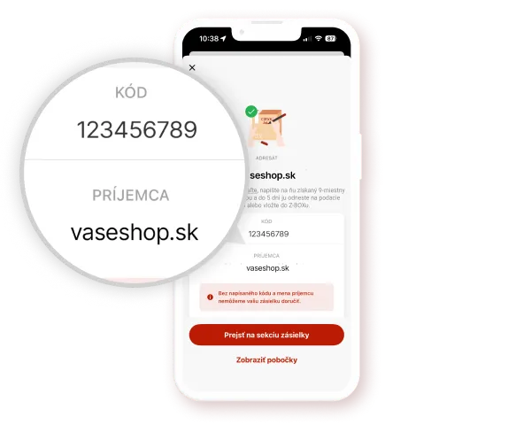 Smartphone screen showing an app with a focus on a package delivery code "123456789" and recipient "vaseshop.sk".