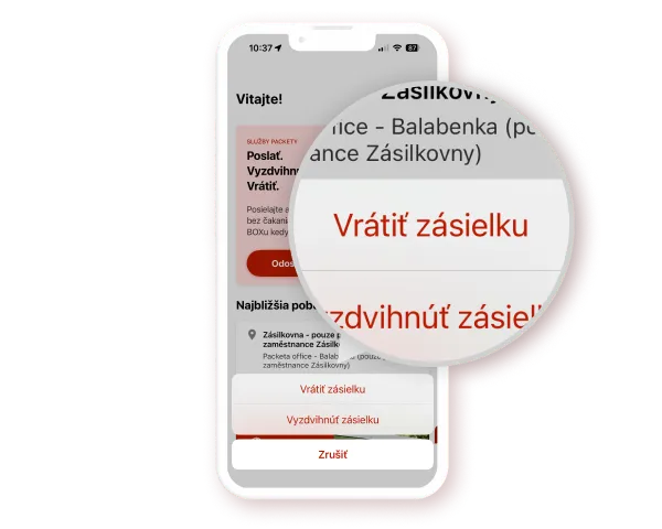 Smartphone screen displaying a parcel service app in Slovak, with a magnified section highlighting the button "Vrátiť zásielku" (Return parcel).
