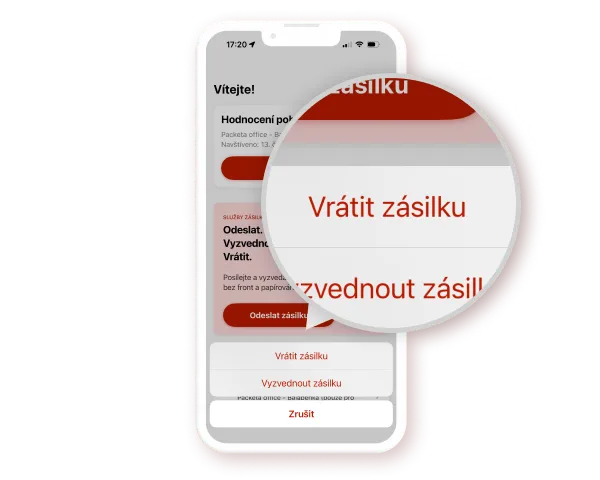 Smartphone screen displaying a Czech app with options to return or pick up a package. Magnified text reads "Vrátit zásilku" and "Vyzednout zásilku."