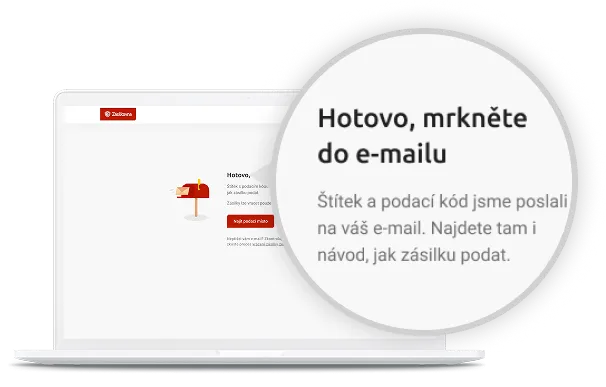 Obrazovka notebooku zobrazující webovou stránku s ikonou červené poštovní schránky. Zvýrazněný text v češtině instruuje uživatele, aby zkontroloval e-mail kvůli kódu a návodu k podání zásilky.
