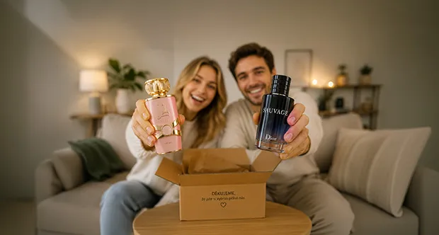 Pár drží v rukou parfémy Dior Sauvage a dámský parfém při rozbalování objednávky z ProdejParfemu.cz
