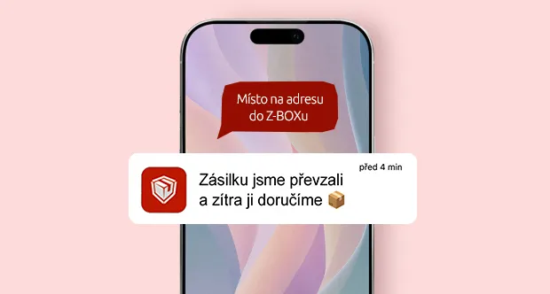 Notifikace Zásilkovny o převzetí zásilky s možností změnit doručení na Z-BOX nebo výdejní místo.