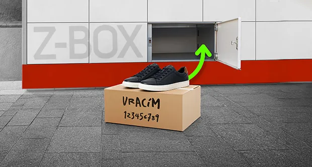 Krabice s vraceným zbožím před otevřeným Z-BOXem a zelená šipka znázorňující vložení zásilky do schránky