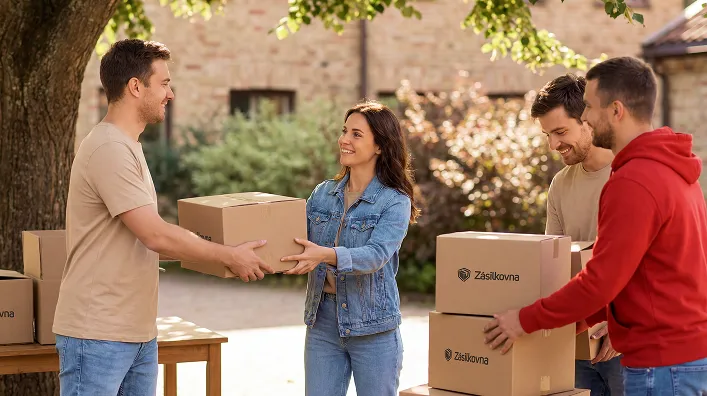 Four people outdoors, smiling and exchanging cardboard boxes marked "Zásilkovna," near a tree and brick building.