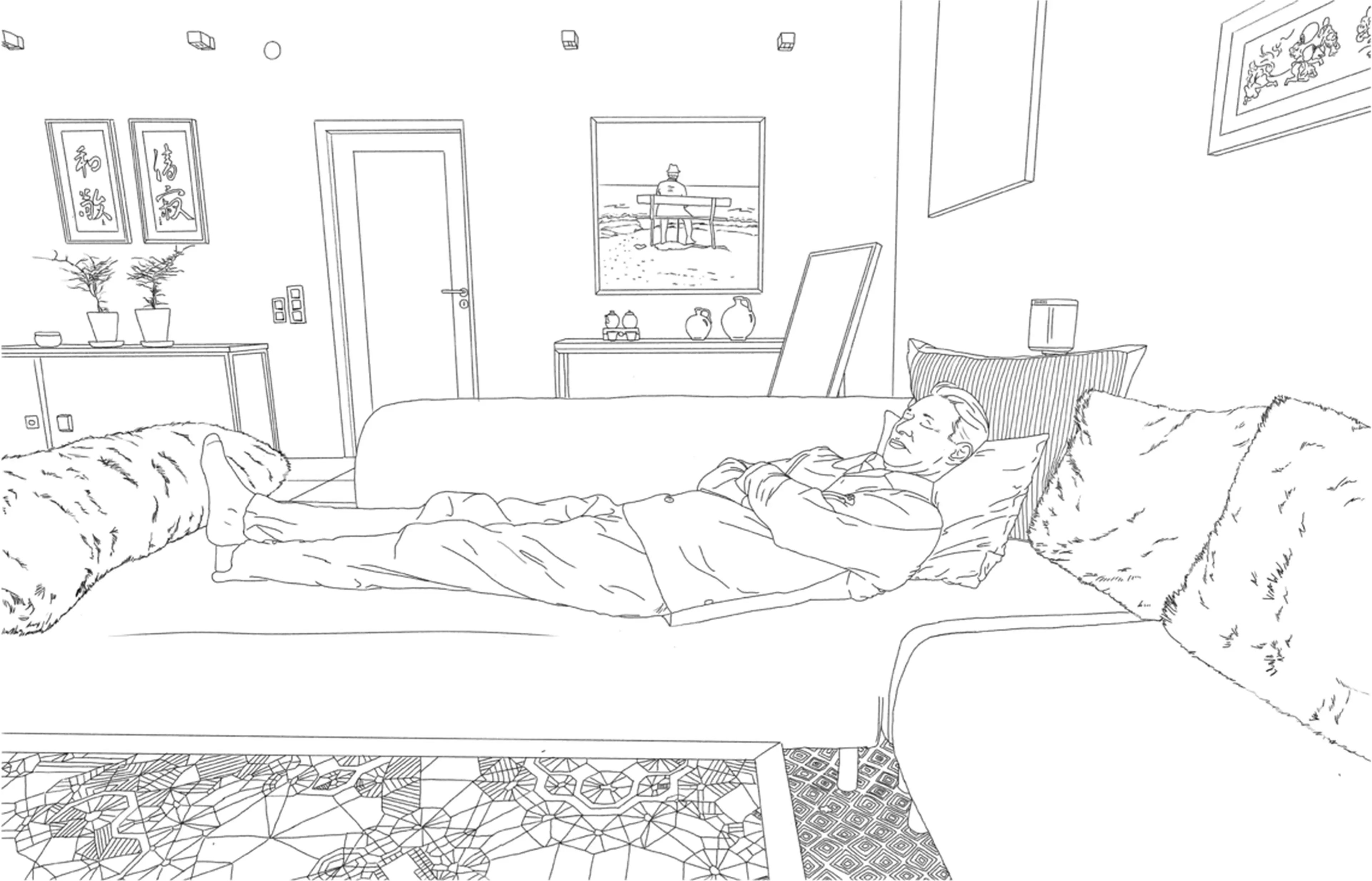 Coloring book version of Toni taking a nap