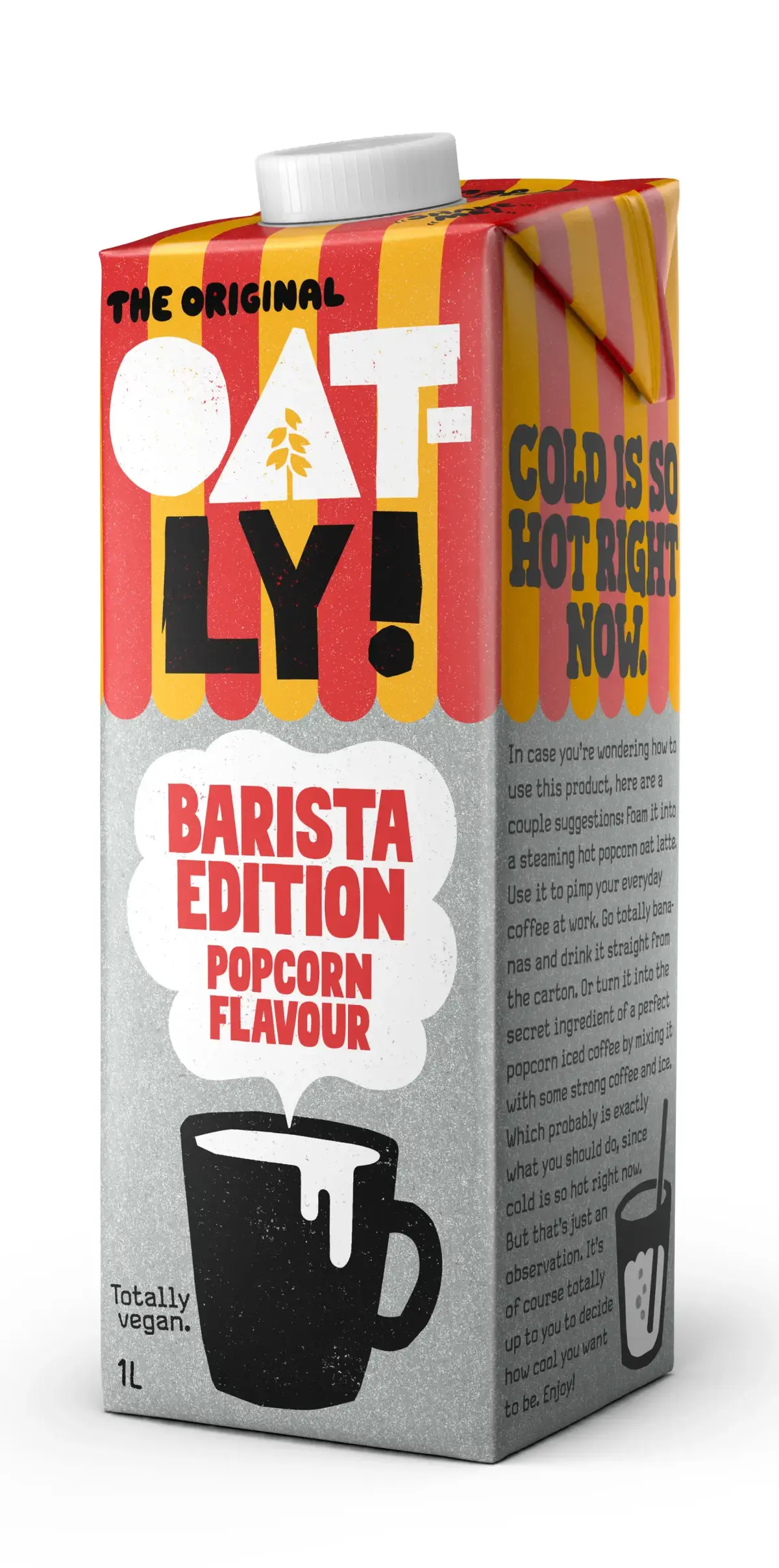 Carton of Oatly Barista Edition Popcorn Flavour, featuring bold text and a mug illustration, with colorful red and yellow stripes.