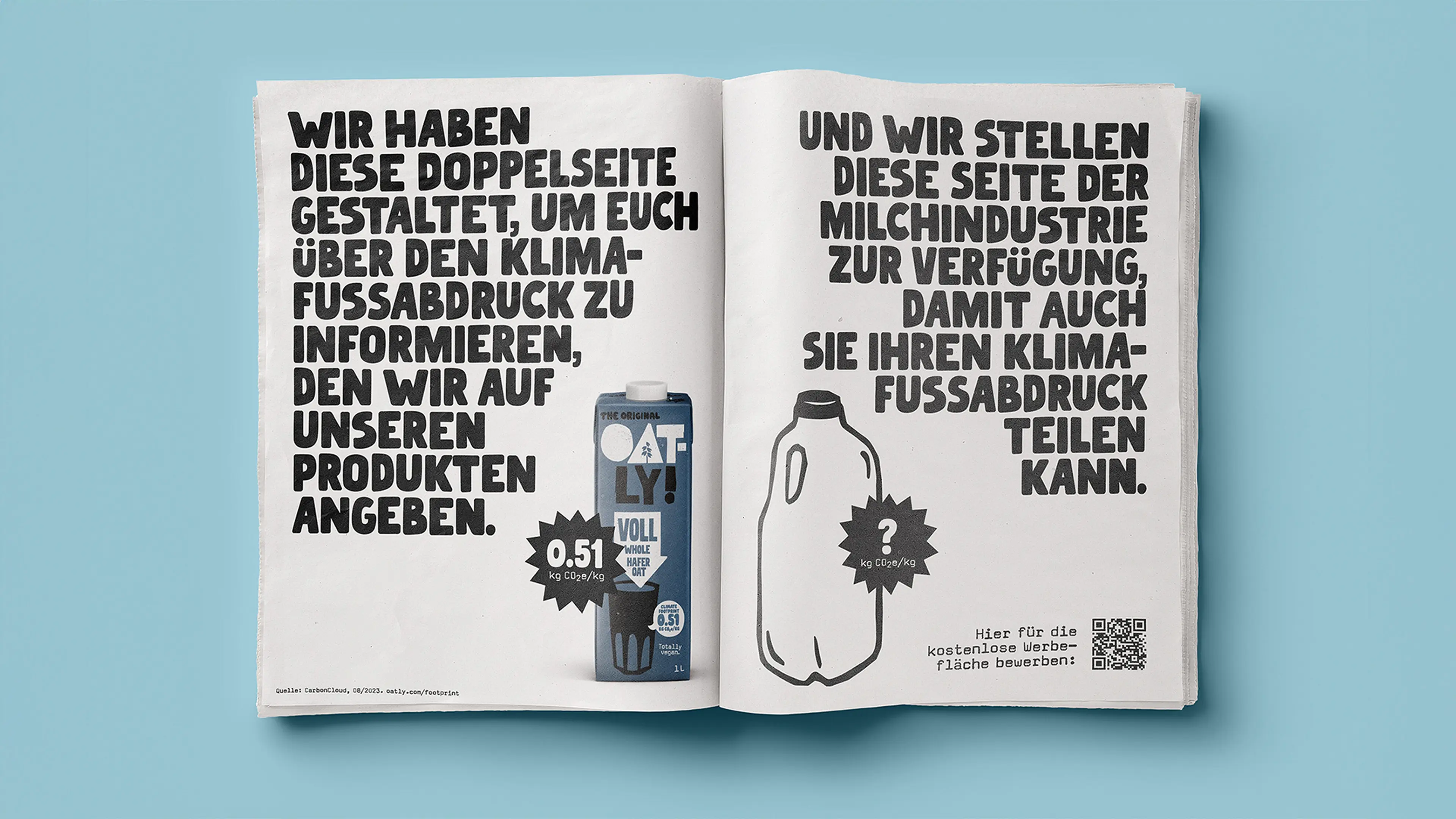 A newspaper spread. An Oatly ad on one side a dairy ad on the other